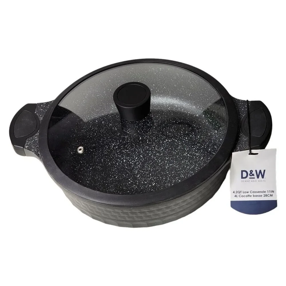 D&W Cookware 11inch Low Casserole Pan With Lid Non Stick 4.2QT Black